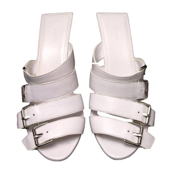 Balenciaga White Buckle Leather Open Toe Mules Stiletto Heel Silver 10 US 40 IT - Picture 1 of 11